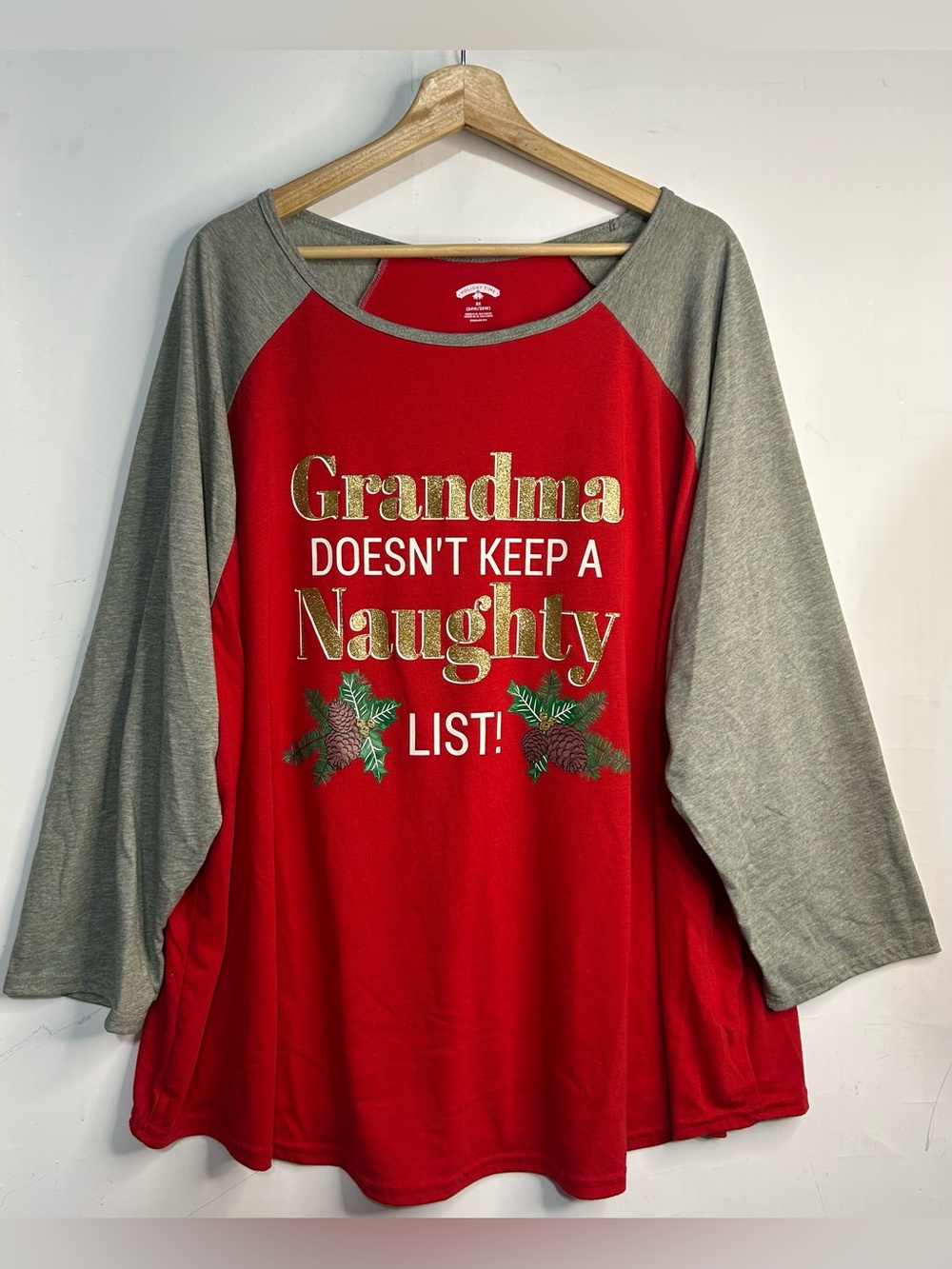 Holiday Time "Grandma Doesn't Keep A Naughty List" Red Baseball Shirt 3X